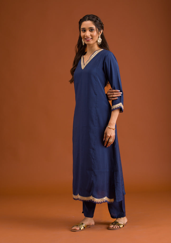 Navy Blue Zariwork Semi Crepe Readymade Salwar Suit