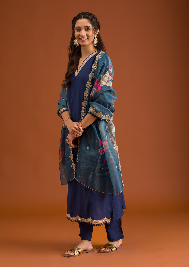 Navy Blue Zariwork Semi Crepe Readymade Salwar Suit