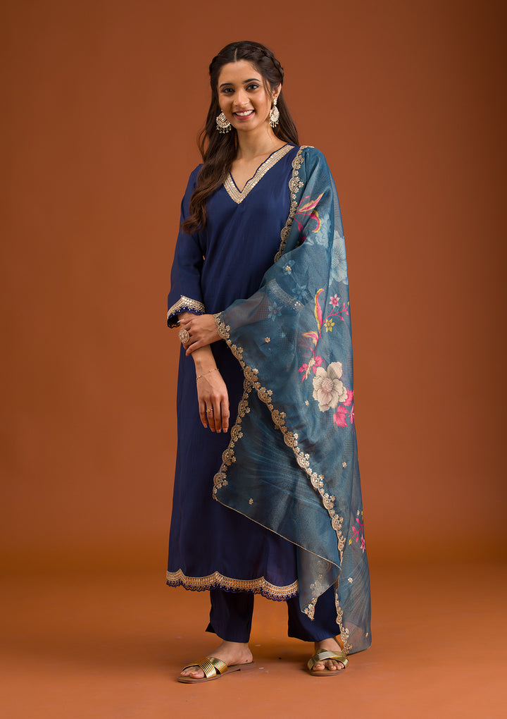 Navy Blue Zariwork Semi Crepe Readymade Salwar Suit