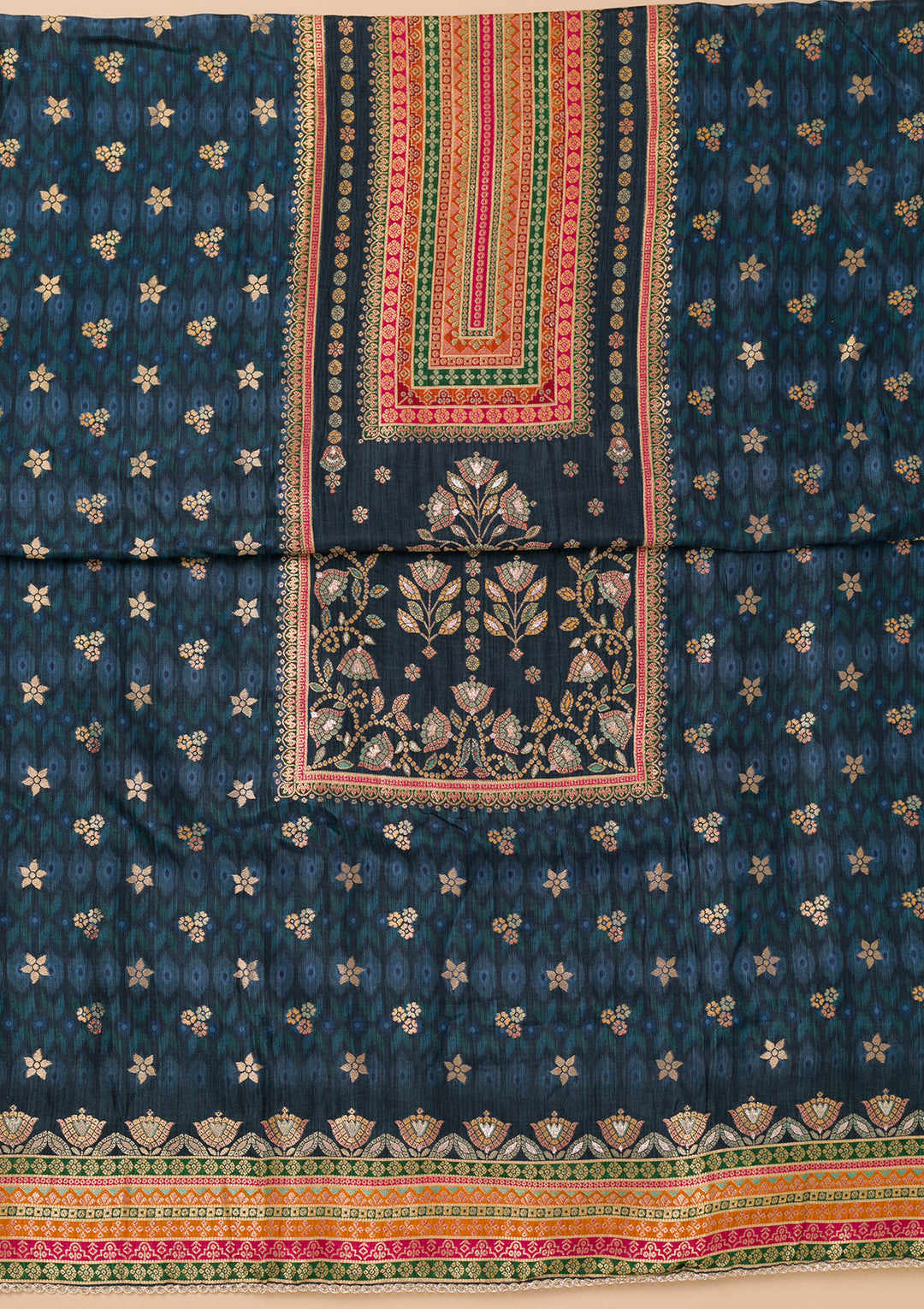 Navy Blue Zariwork Semi Crepe Unstitched Salwar Suit