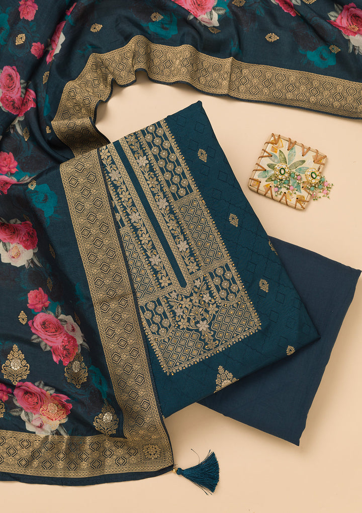 Navy Blue Zariwork Semi Crepe Unstitched Salwar Suit