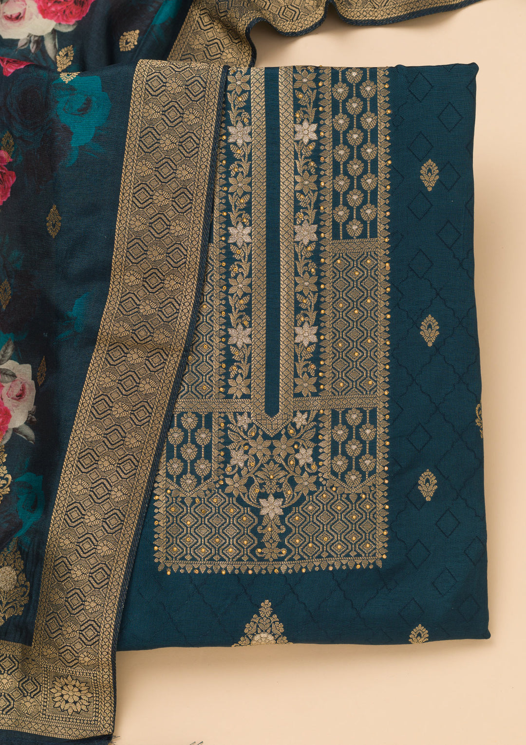 Navy Blue Zariwork Semi Crepe Unstitched Salwar Suit