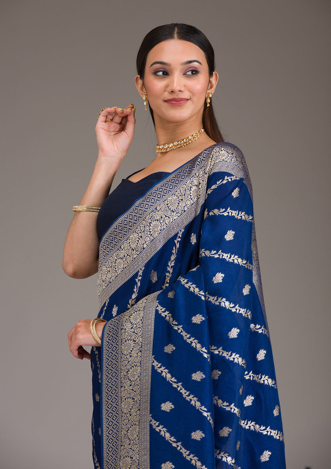 Navy Blue Zariwork Semi Crepe Saree