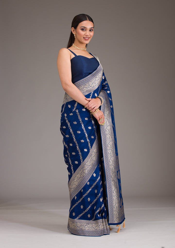 Navy Blue Zariwork Semi Crepe Saree