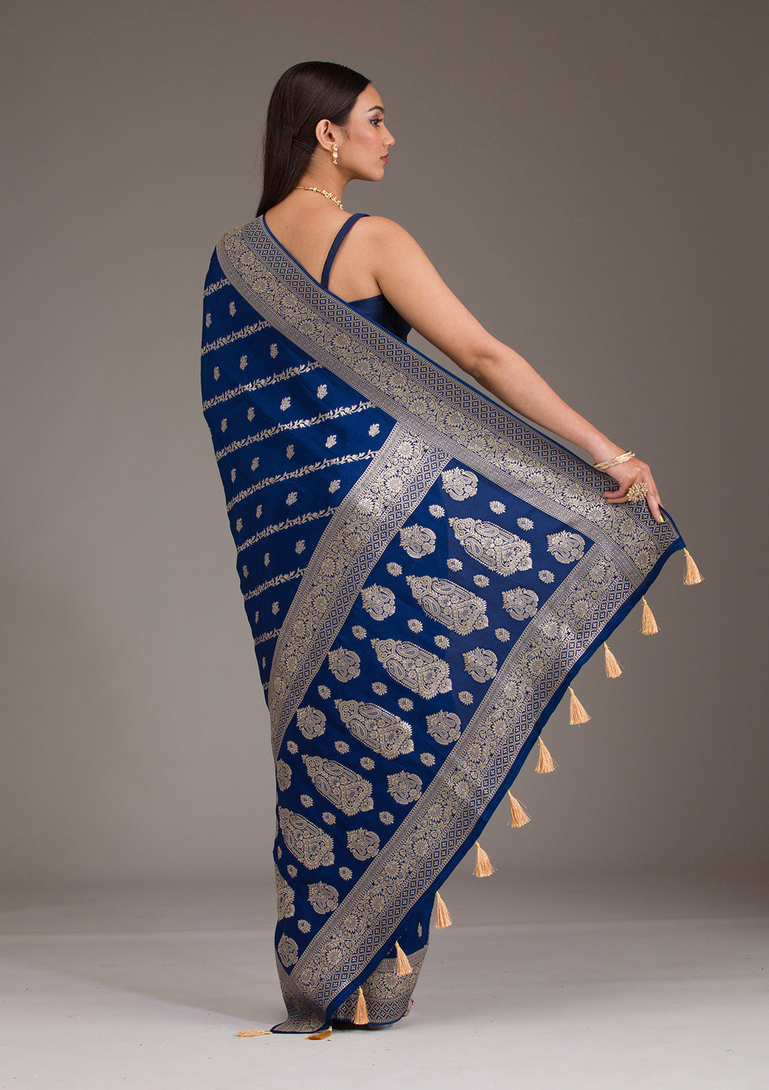 Navy Blue Zariwork Semi Crepe Saree