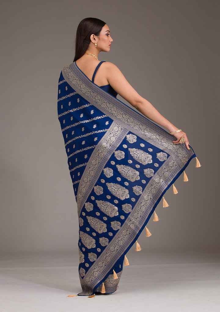 Navy Blue Zariwork Semi Crepe Saree
