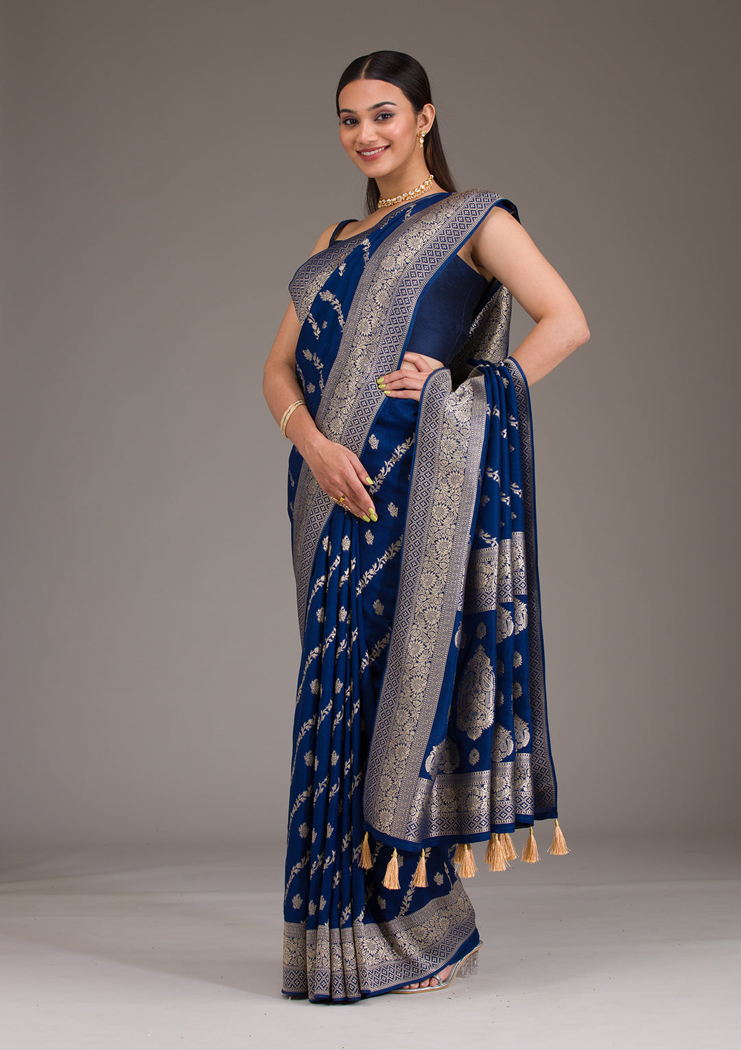 Navy Blue Zariwork Semi Crepe Saree