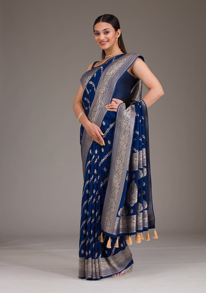 Navy Blue Zariwork Semi Crepe Saree