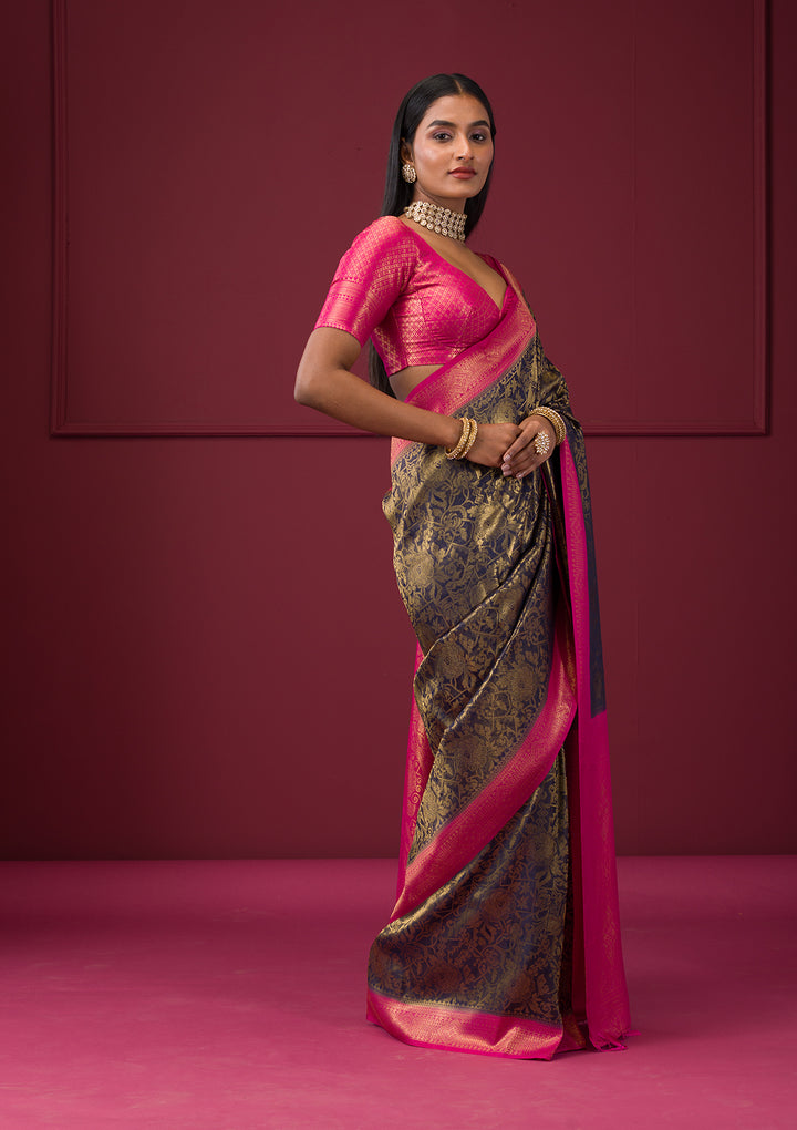 Navy Blue Zariwork Soft Silk Saree