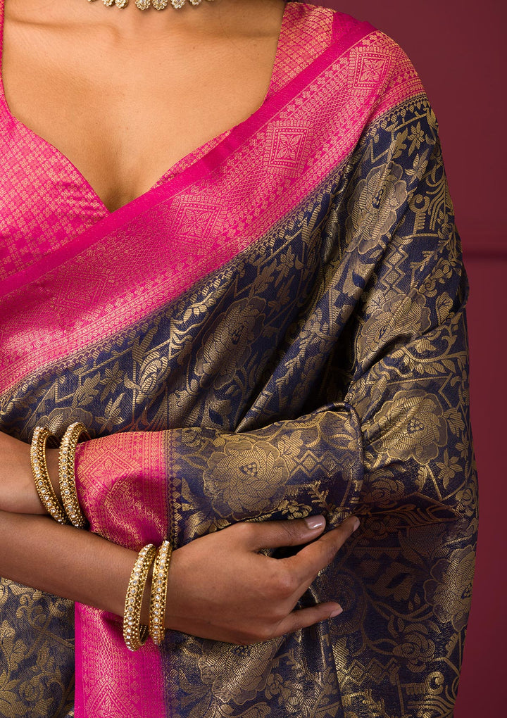 Navy Blue Zariwork Soft Silk Saree