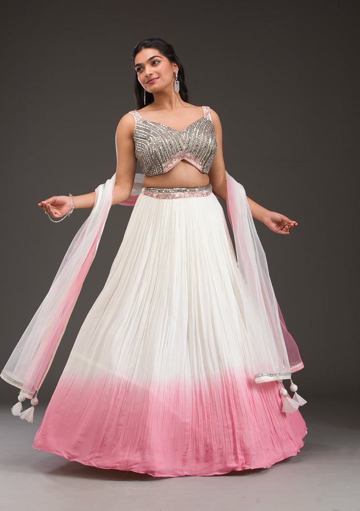 Off White Mirrorwork Georgette Readymade Lehenga