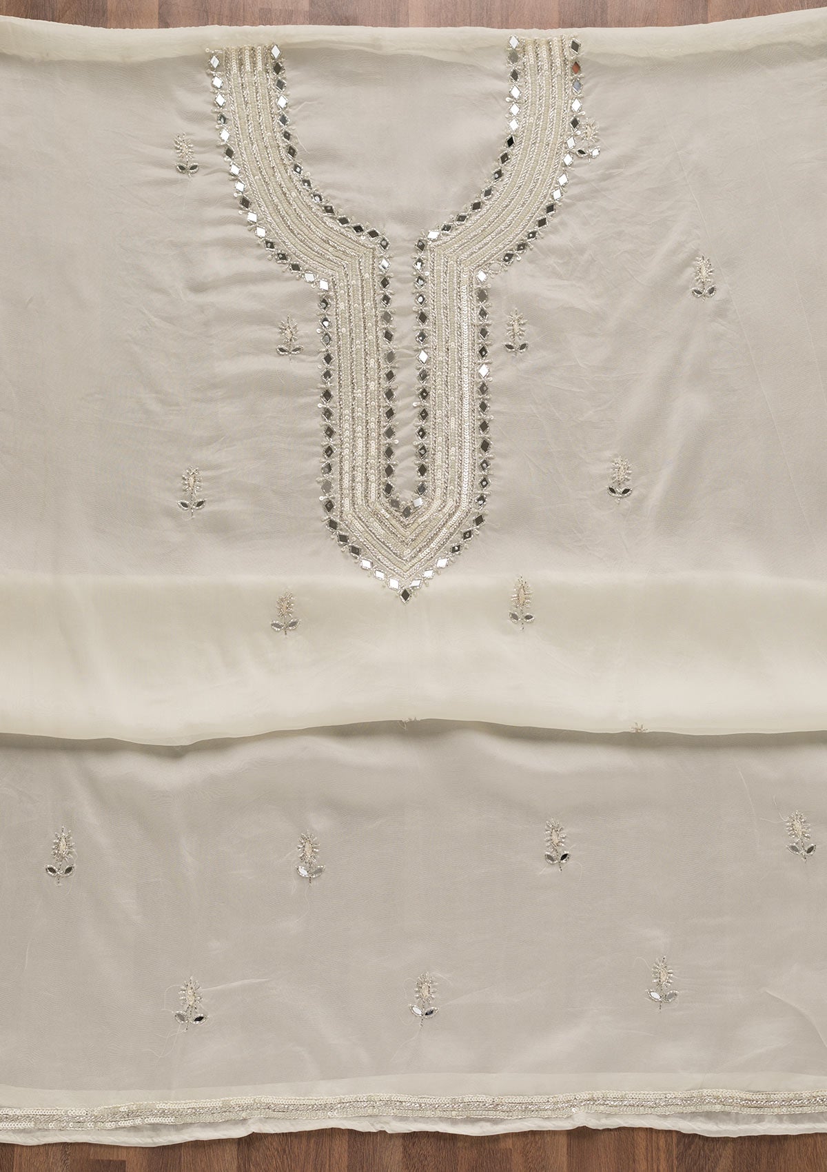 Off White Mirrorwork Tissue Unstitched Salwar Suit