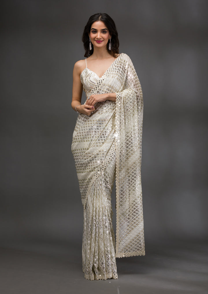 Off White Sequins Georgette Saree
