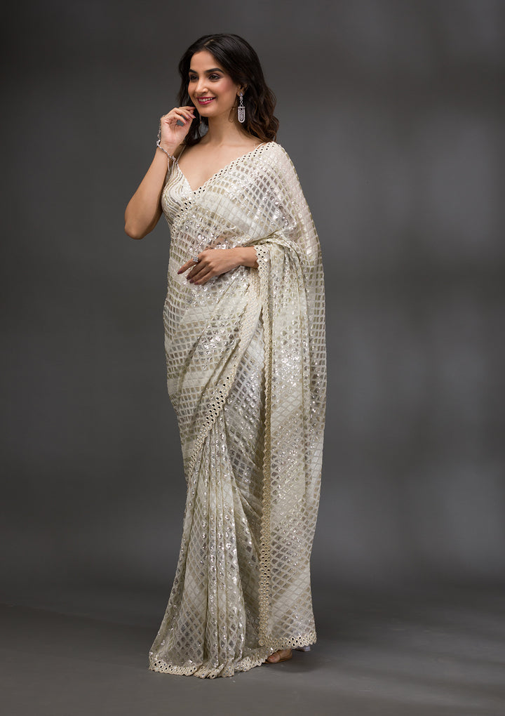 Off White Sequins Georgette Saree