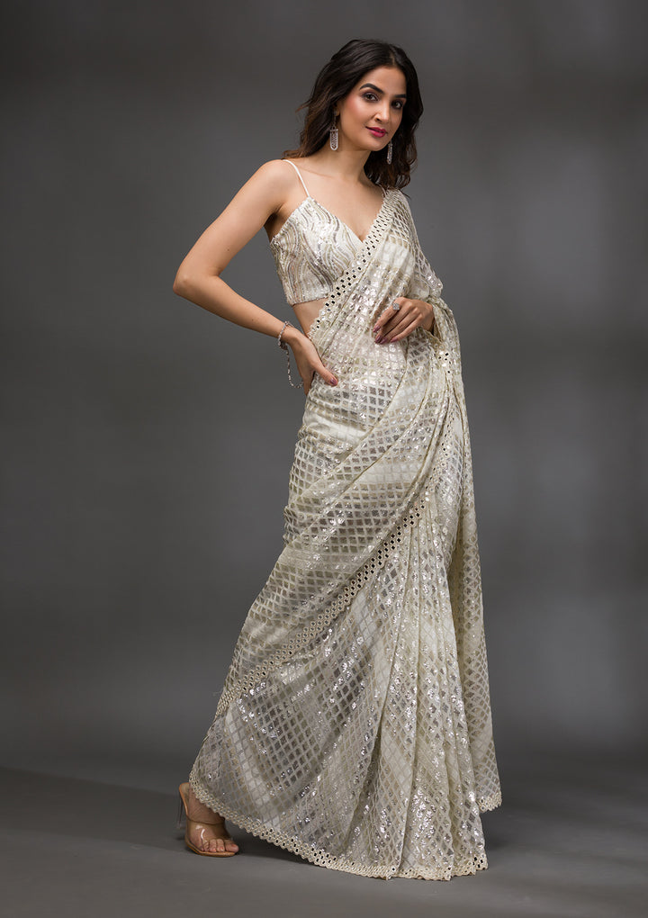 Off White Sequins Georgette Saree