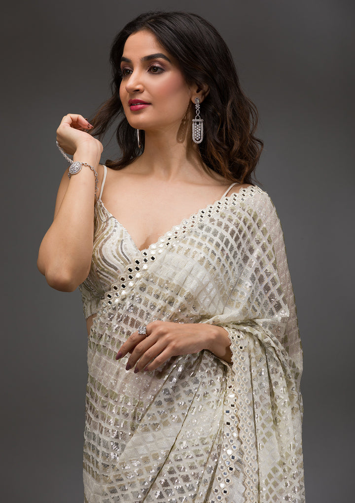 Off White Sequins Georgette Saree