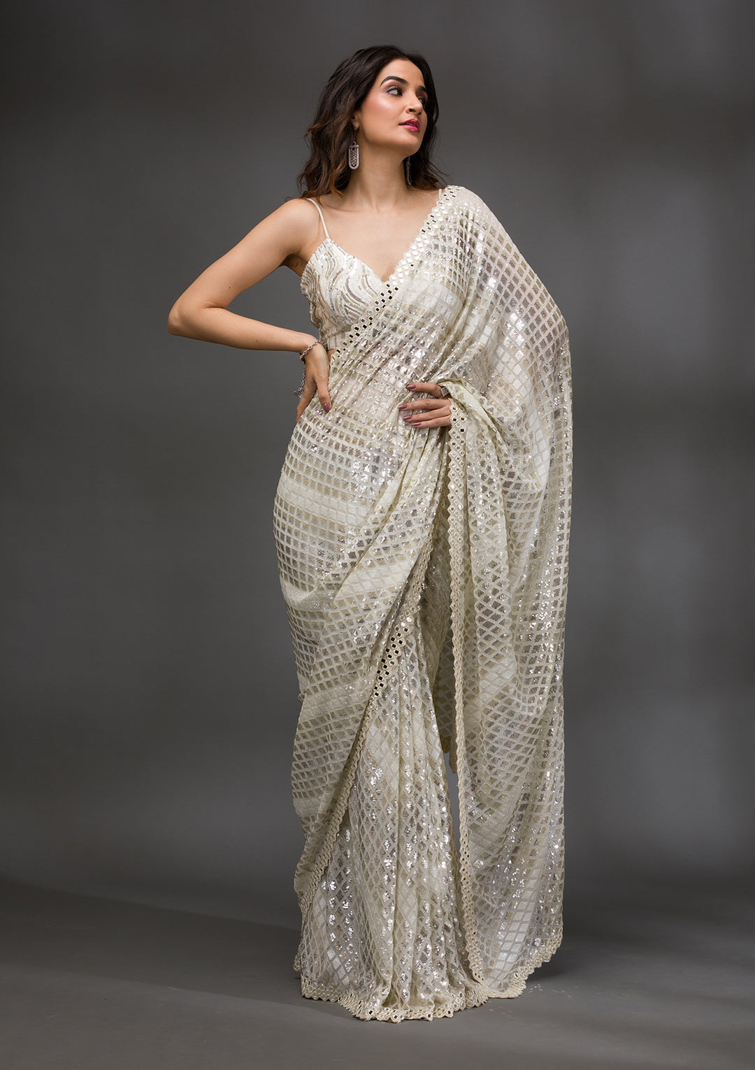 Off White Sequins Georgette Saree
