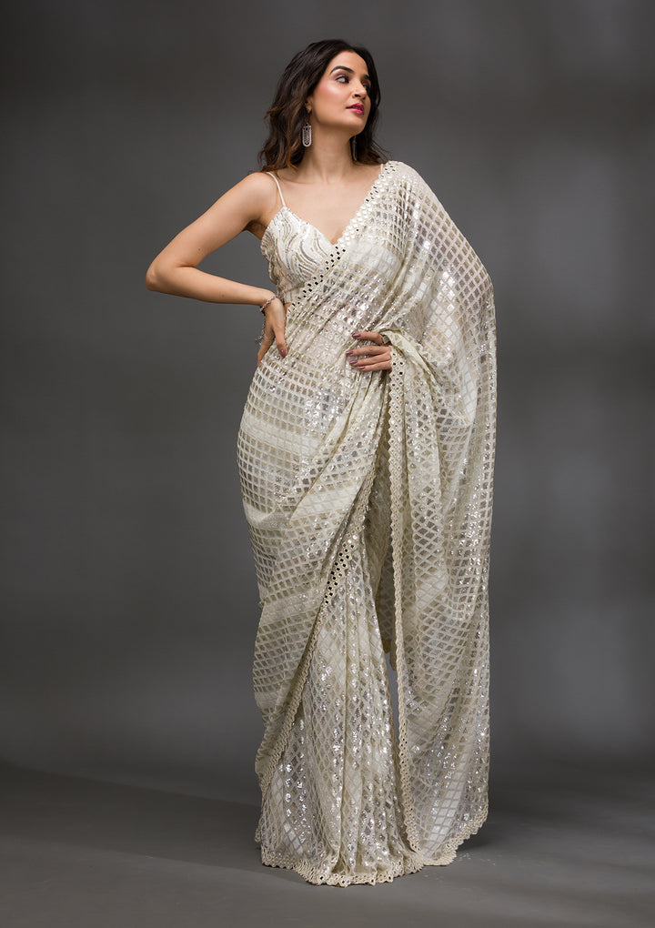 Off White Sequins Georgette Saree