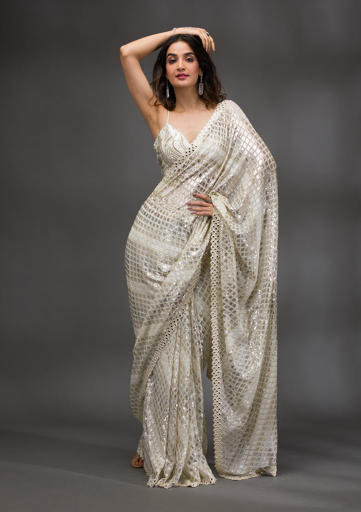 Off White Sequins Georgette Saree