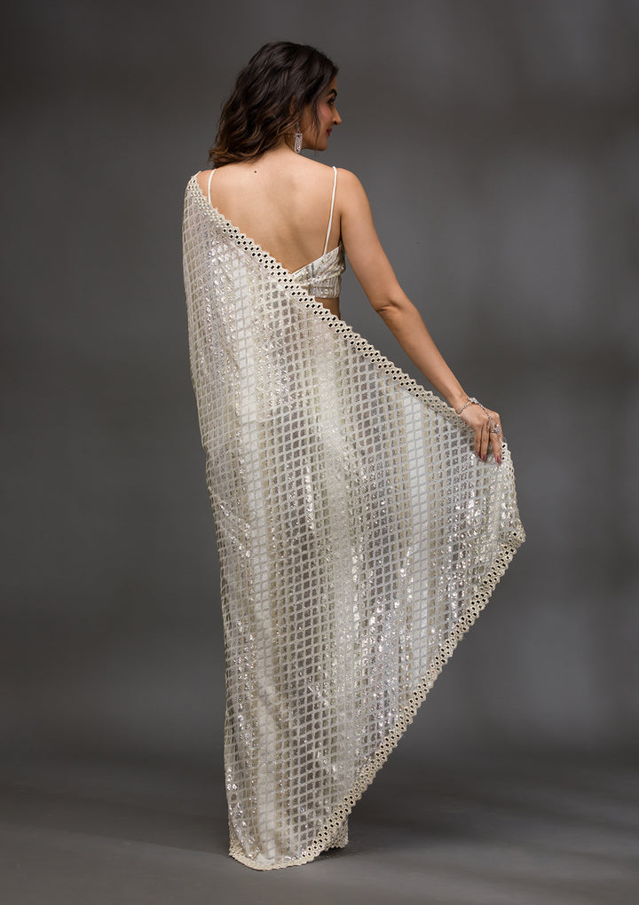 Off White Sequins Georgette Saree
