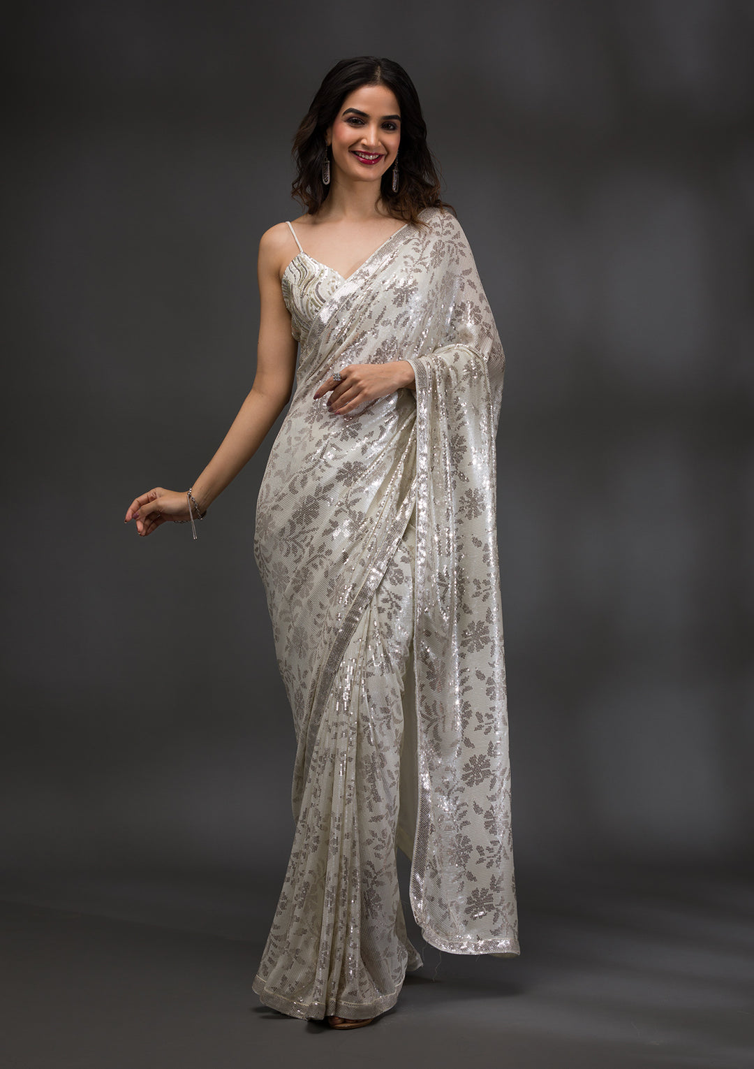 Off White Sequins Georgette Saree