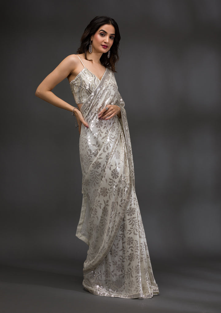 Off White Sequins Georgette Saree
