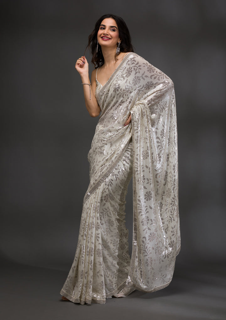 Off White Sequins Georgette Saree