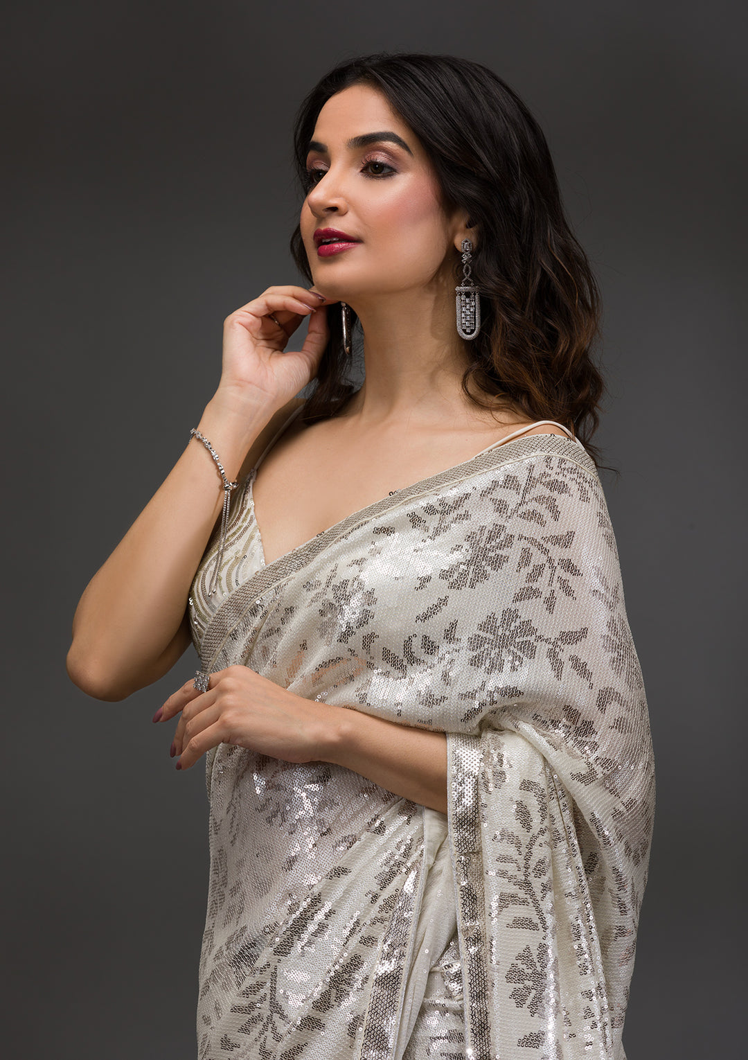 Off White Sequins Georgette Saree