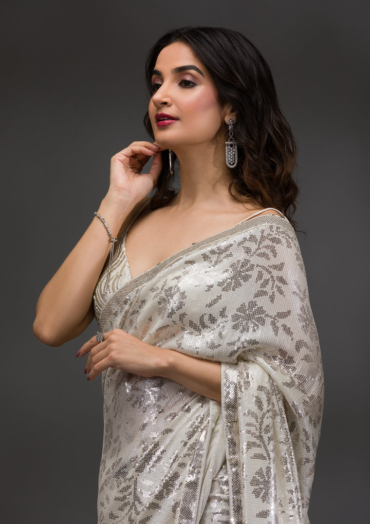 Off White Sequins Georgette Saree