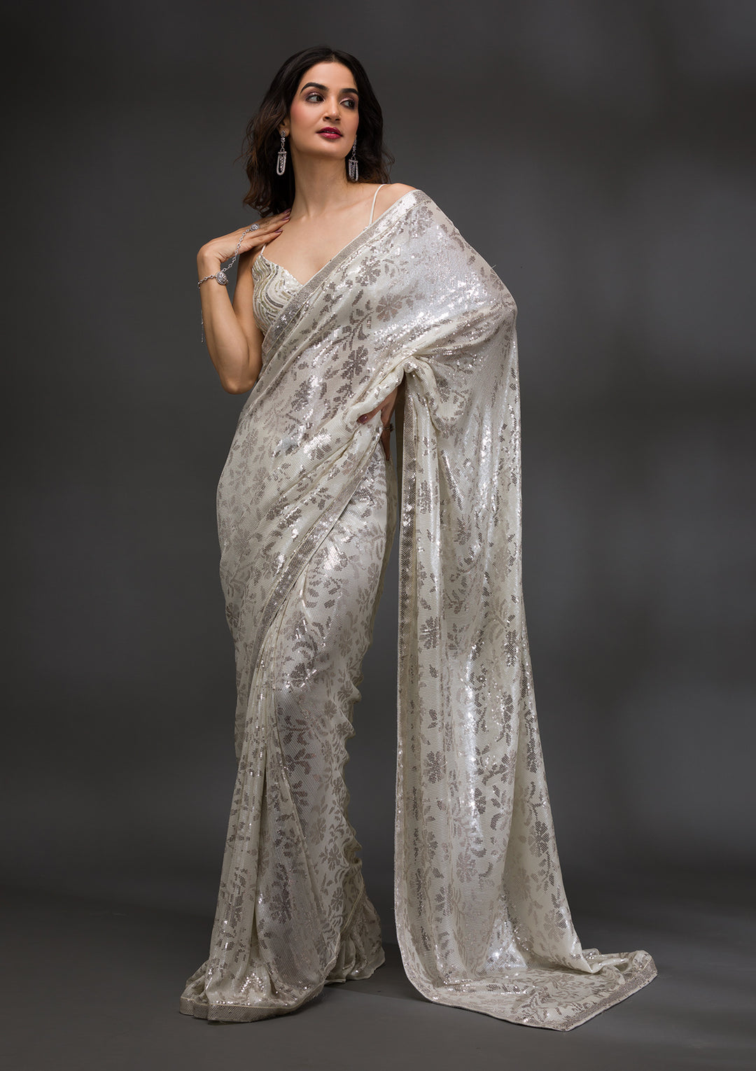 Off White Sequins Georgette Saree