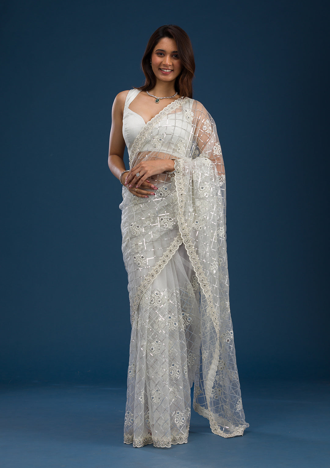 Off White Sequins Net Saree