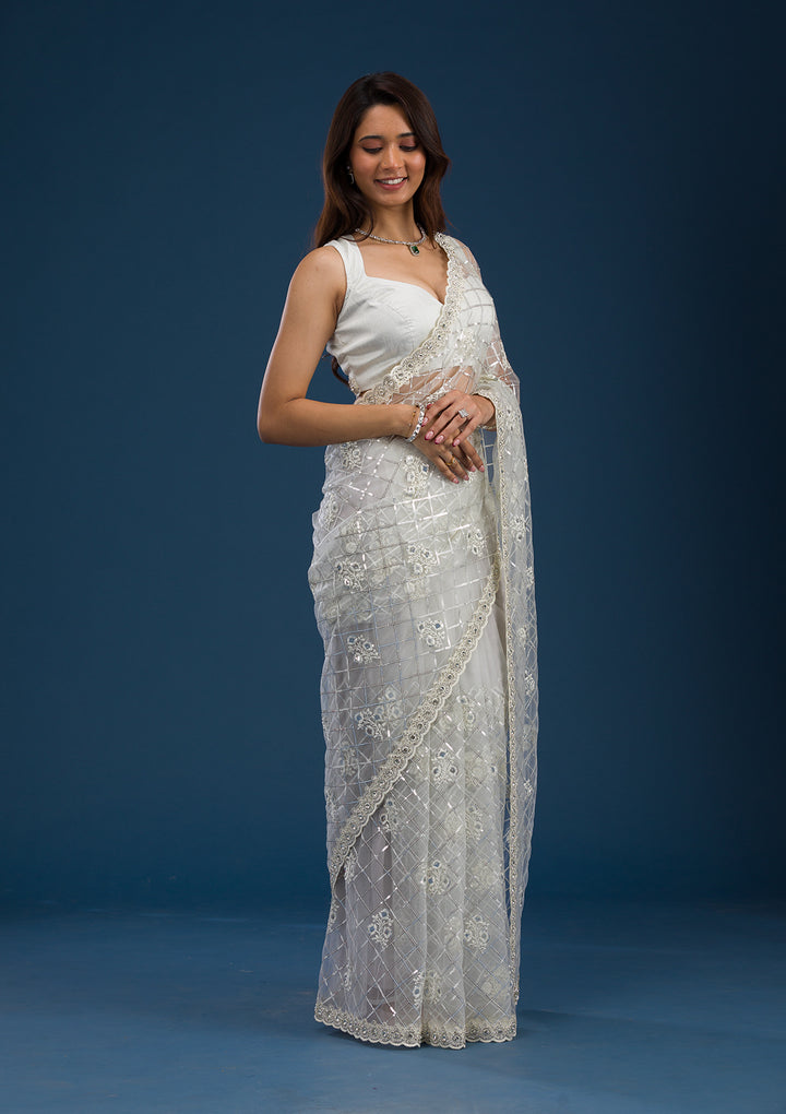Off White Sequins Net Saree