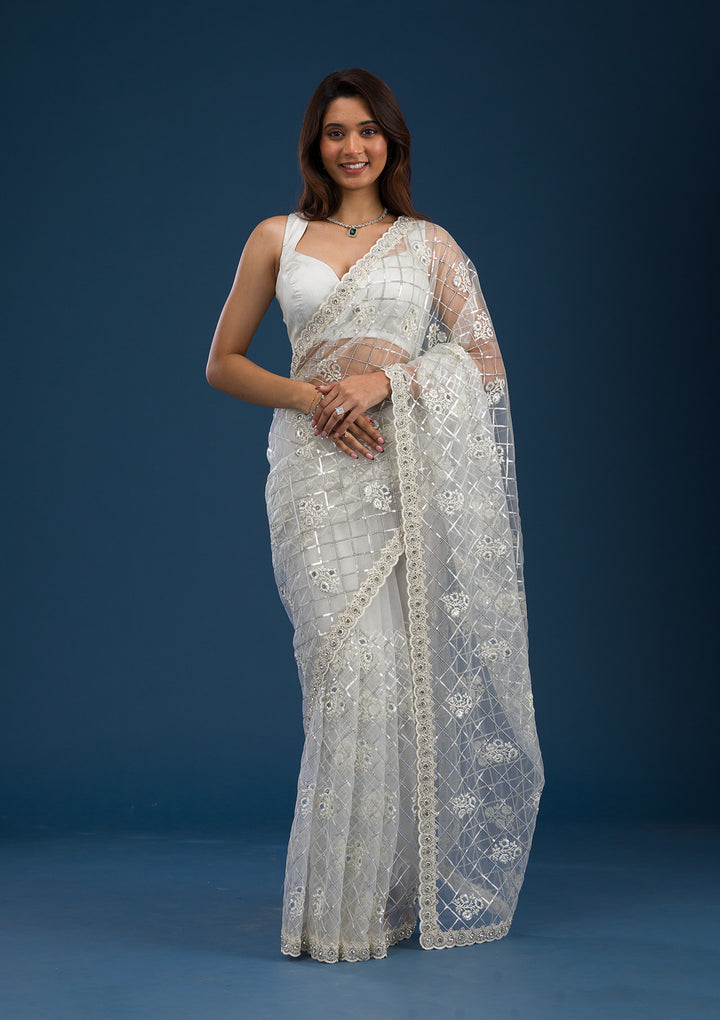 Off White Sequins Net Saree