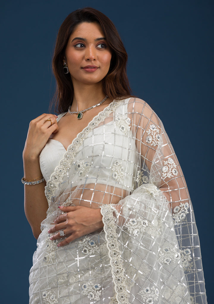 Off White Sequins Net Saree