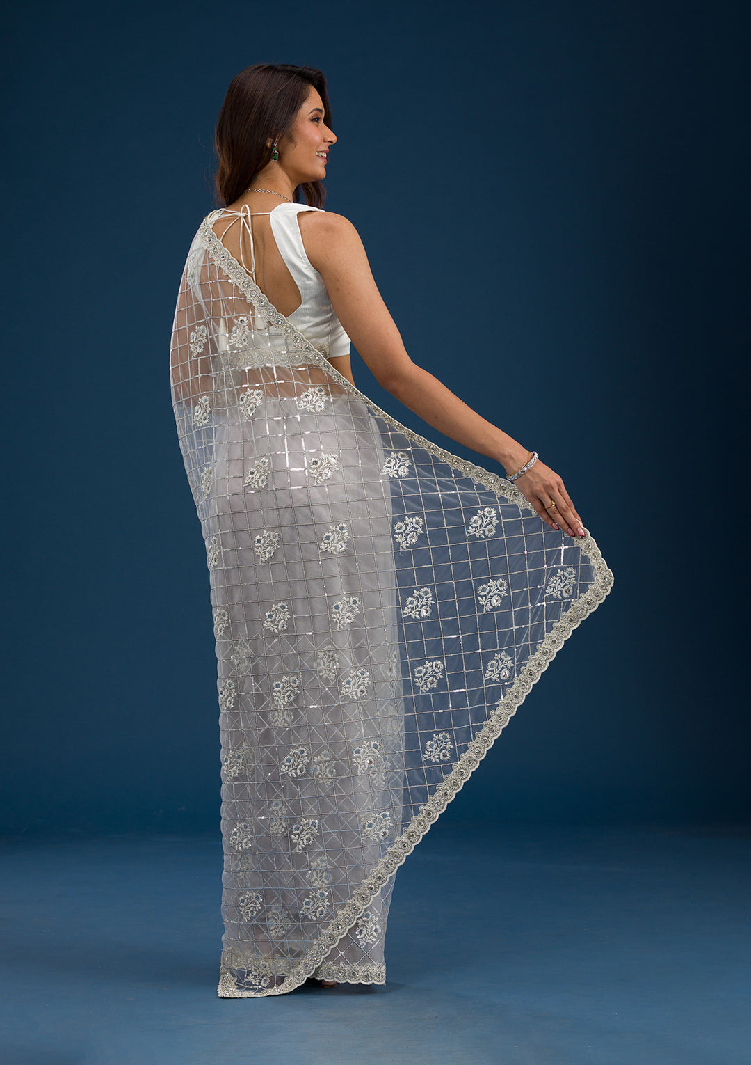 Off White Sequins Net Saree