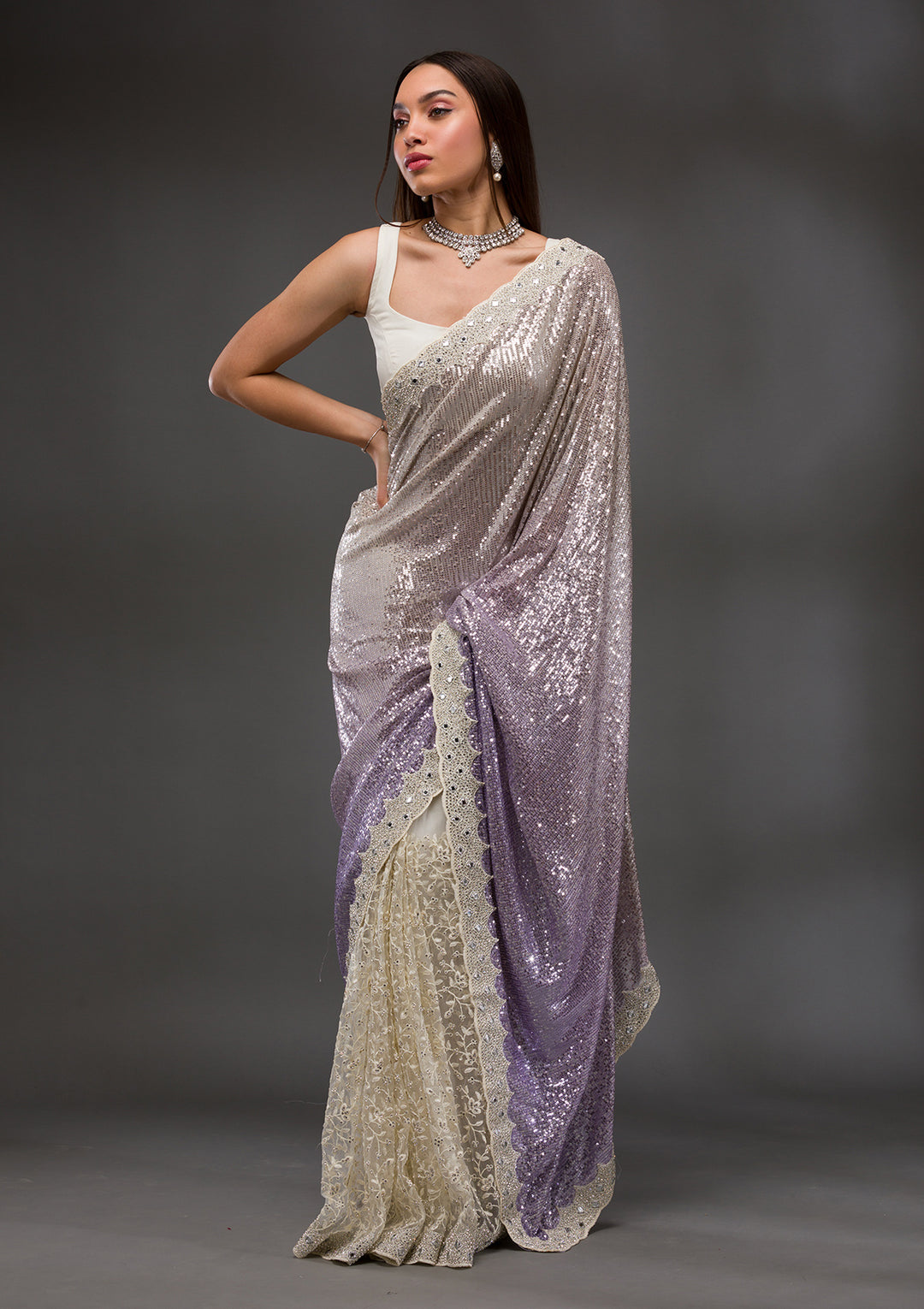 Off White Sequins Shimmer Georgette Saree