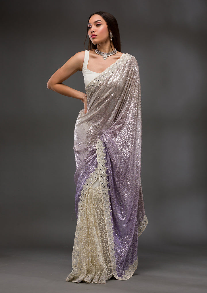 Off White Sequins Shimmer Georgette Saree