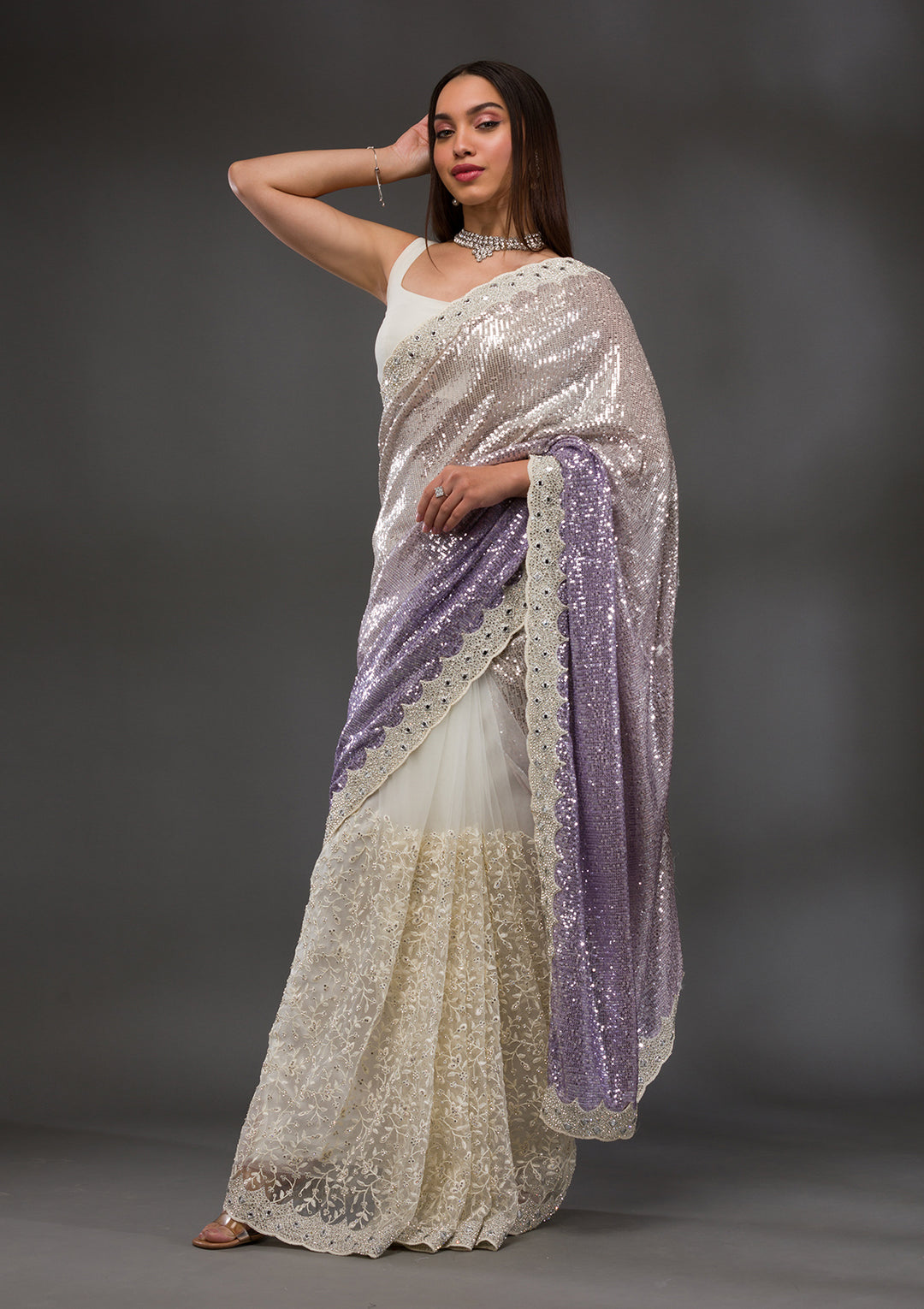 Off White Sequins Shimmer Georgette Saree
