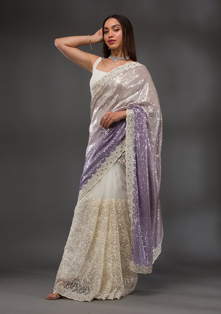 Off White Sequins Shimmer Georgette Saree