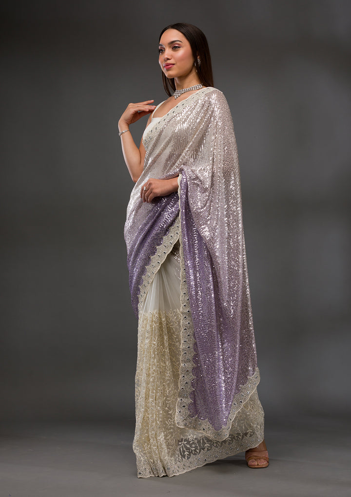 Off White Sequins Shimmer Georgette Saree