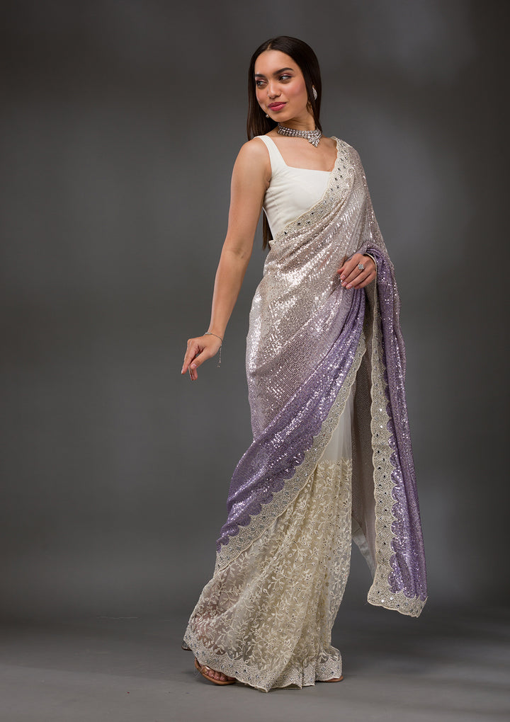 Off White Sequins Shimmer Georgette Saree
