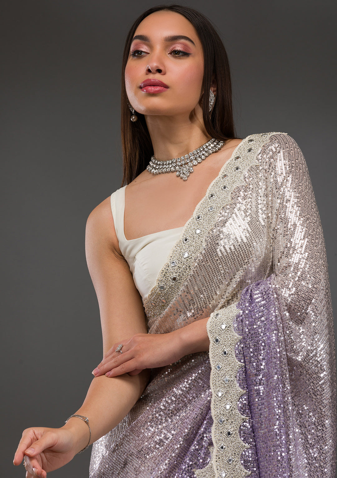 Off White Sequins Shimmer Georgette Saree
