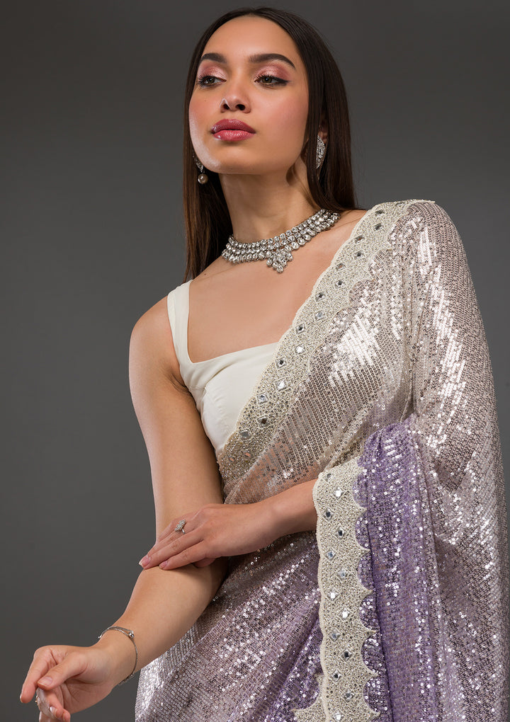 Off White Sequins Shimmer Georgette Saree