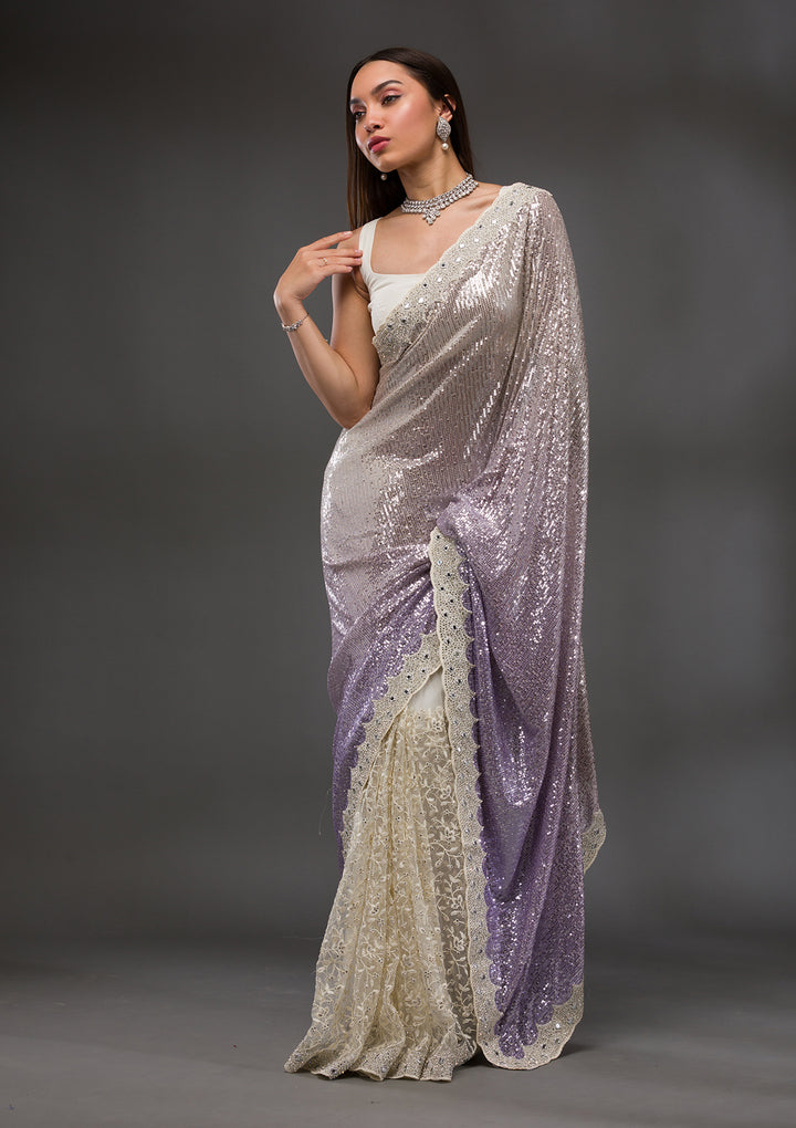 Off White Sequins Shimmer Georgette Saree