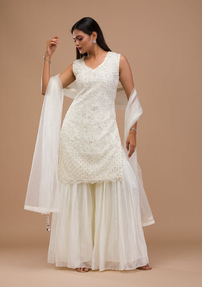 Off White Sequins Tissue Readymade Sharara Suit