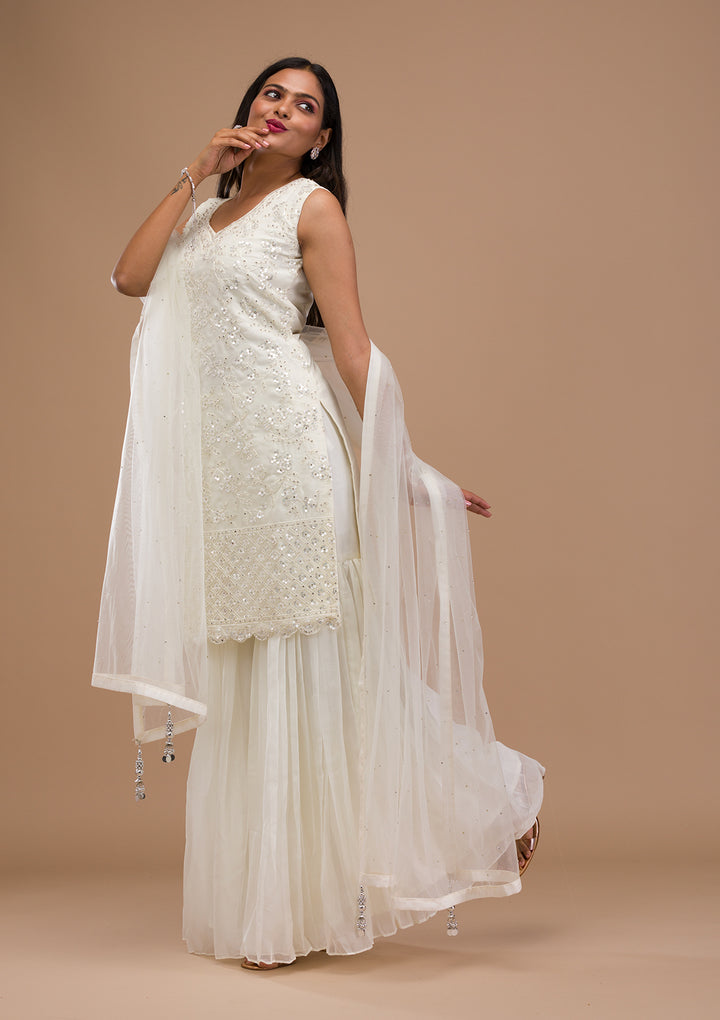 Off White Sequins Tissue Readymade Sharara Suit