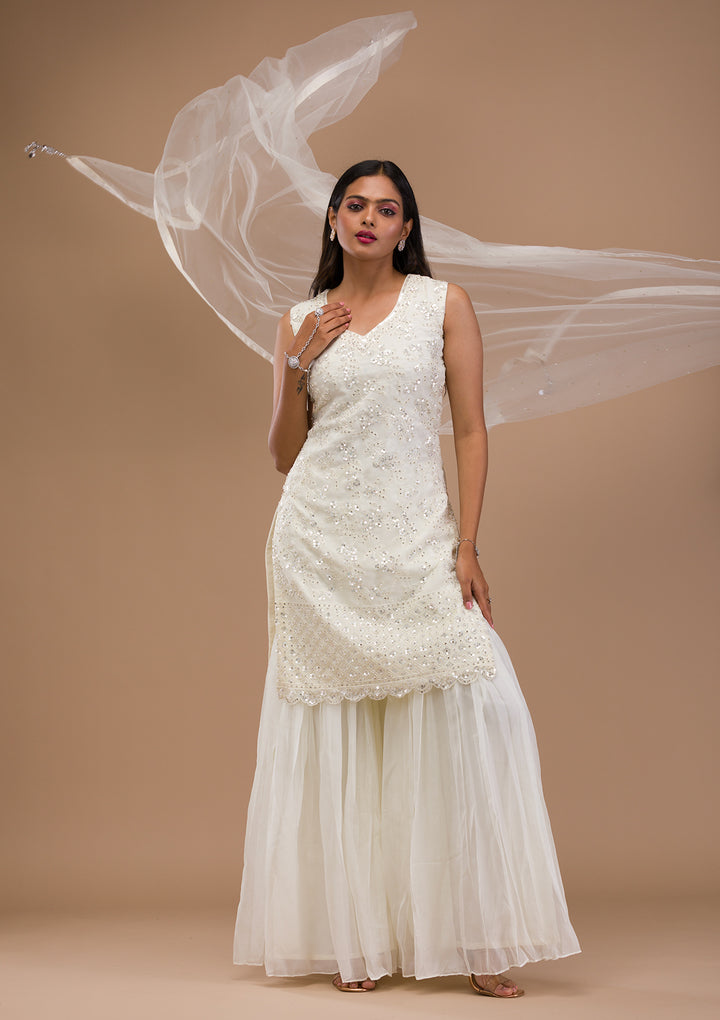Off White Sequins Tissue Readymade Sharara Suit