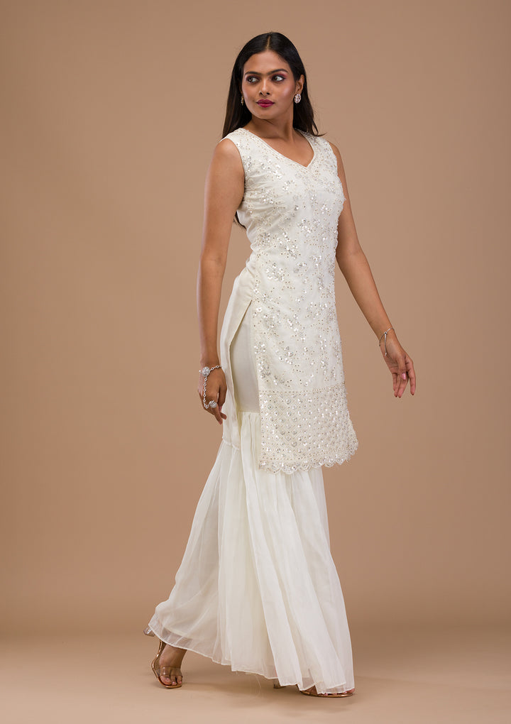 Off White Sequins Tissue Readymade Sharara Suit