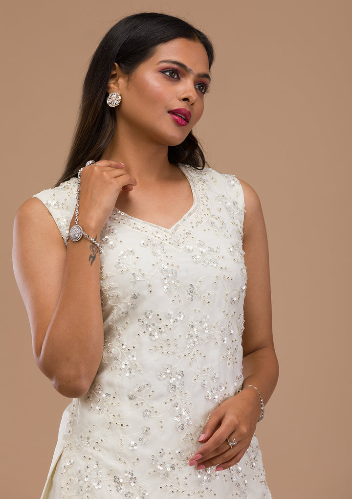 Off White Sequins Tissue Readymade Sharara Suit