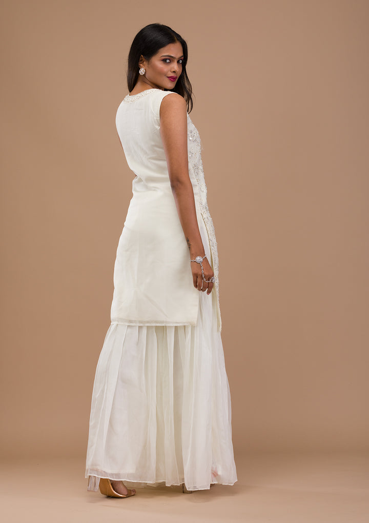 Off White Sequins Tissue Readymade Sharara Suit